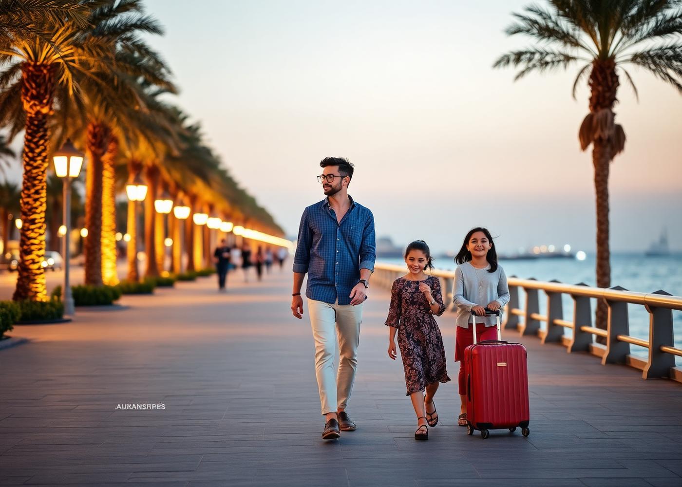 Family on a UAE waterfront promenade