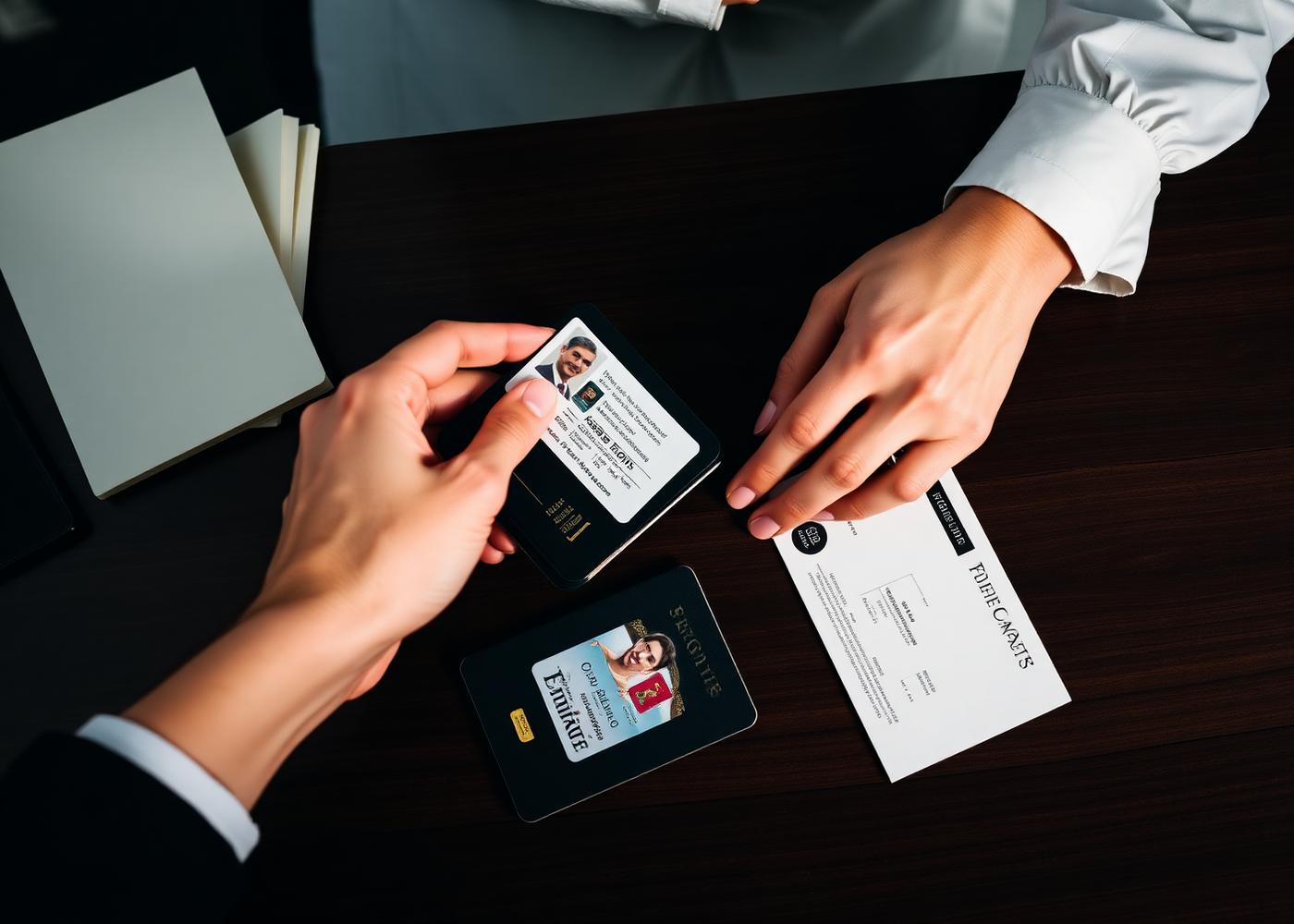 Passports and Emirates ID on a walnut desk